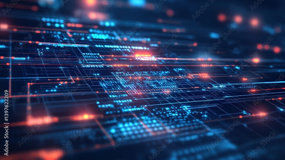 Poster a sleek blockchain-inspired design with glowing decentralized network elements and digital ledgers