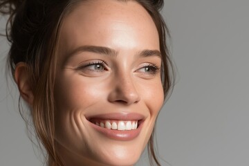 Naklejka premium Close-up of beautiful woman with radiant smile, skin care beauty concept