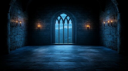 Obraz premium Dark gothic interior room with a large window