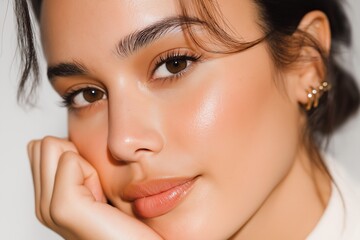 Naklejka premium Close-up of beautiful woman with perfect skin and serene expression demonstrating natural beauty, skin care beauty concept