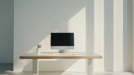 A simple yet elegant home office with a sleek desk, computer, and minimalist design. The space is quiet and serene, ideal for focus