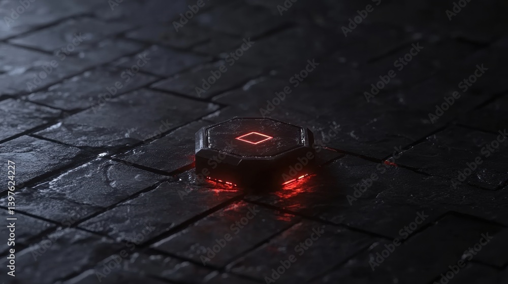 Poster a glowing futuristic device is centered on a textured stone surface