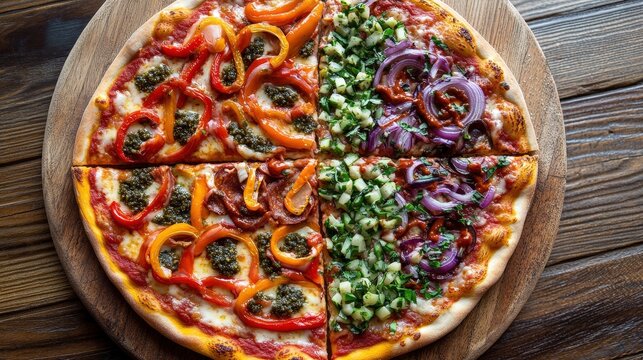 A pizza with an artistic design, featuring colorful toppings arranged in a beautiful pattern on a crispy crust