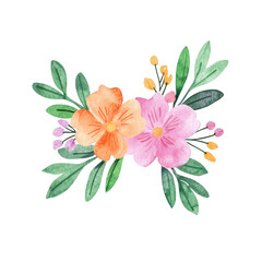 A vibrant arrangement of orange and pink watercolor flowers surrounded by lush green leaves on a white isolated background.