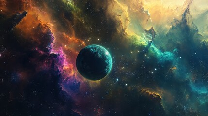 A planet hidden within a nebula, surrounded by colorful cosmic dust and swirling gases.