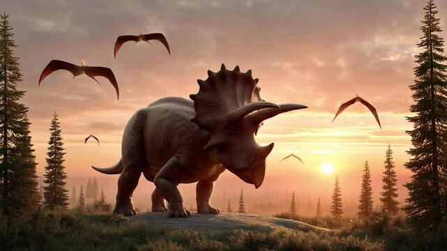 Ancient Horizon: A majestic Triceratops silhouette against a breathtaking sunset, surrounded by soaring pterosaurs and towering pine trees, embodying the awe and wonder of the prehistoric era.