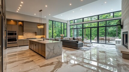 Modern open-concept kitchen living area with stunning views