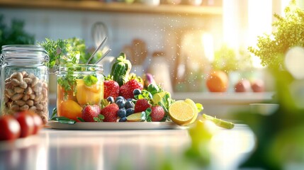 A colorful mix of nutritious foods arranged on a table, showcasing a variety of healthy options for a well-rounded diet.