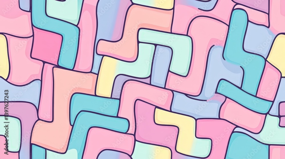 Poster a playful geometric pattern with overlapping rounded rectangles and soft pastel colors.