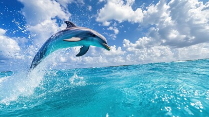 Obraz premium A playful dolphin leaping out of the crystal-clear ocean, creating a splash under the bright blue sky