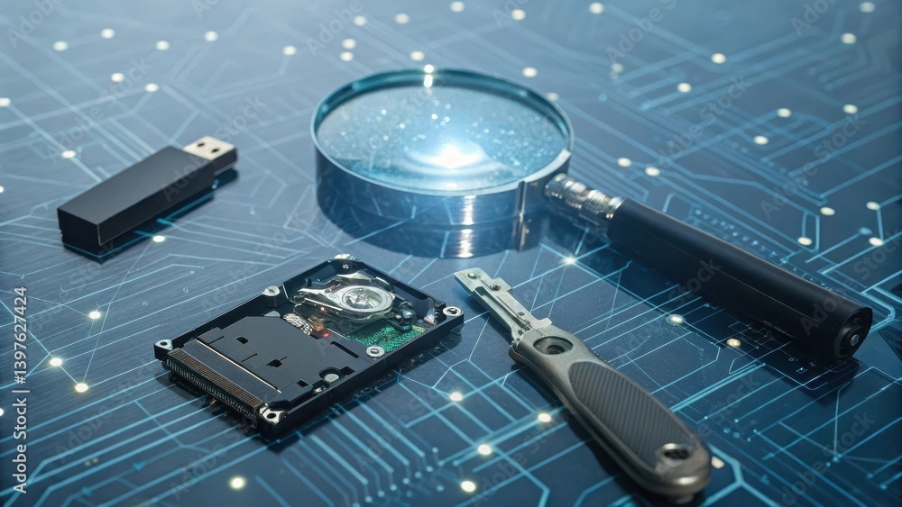 Poster high-tech tools on a circuit board background for technology and innovation themes.