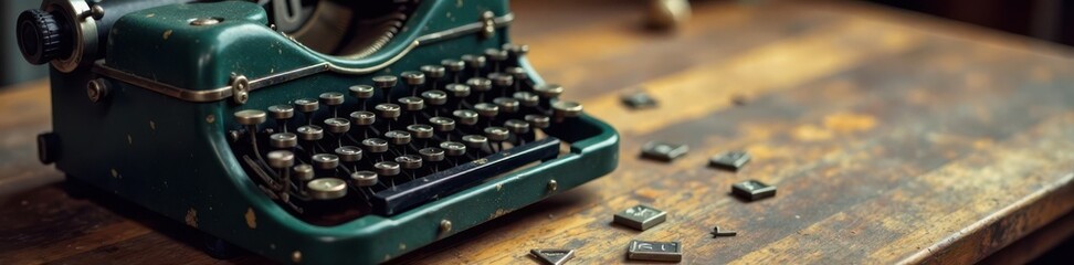 Vintage typewriter with keys scattered on a wooden table, vintage typewriter, paper