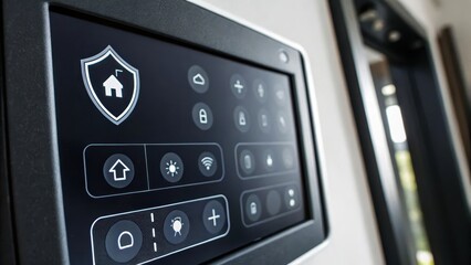Fototapeta premium Smart home security control panel with various functions displayed.