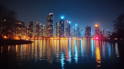 Fototapeta premium A smartphone capturing a stunning cityscape photo at night, with bright lights and reflections