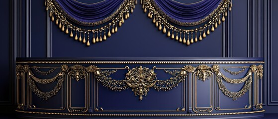 A luxurious interior space featuring intricate architectural embellishments and drapery