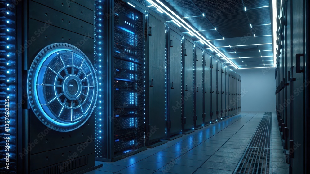 Aufkleber high-tech server room with illuminated racks and futuristic design elements.