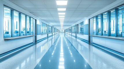 Empty hospital corridor, modern sterile interior, bright windows, offices visible. Use Stock photo