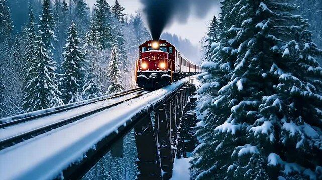 A red train chugs through a snowy forest on a bridge