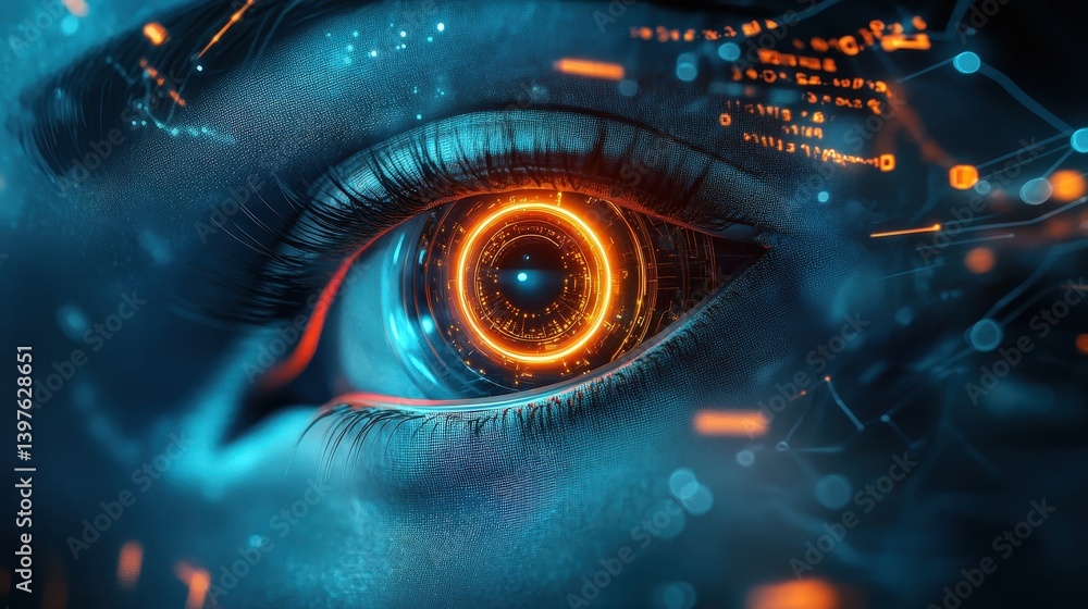 Poster a powerful artificial intelligence theme with a glowing robotic eye scanning a deep tech environment