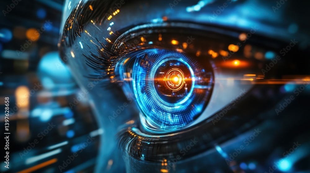 Poster a powerful artificial intelligence theme with a glowing robotic eye scanning a deep tech environment