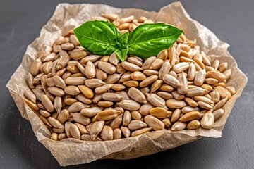 Sunflower Seeds on Parchment Paper with Green Basil Leaves on Grey Backdrop
