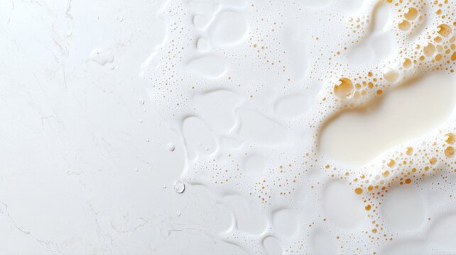 Close-up of spilled milk creating abstract patterns with foam on a white surface.