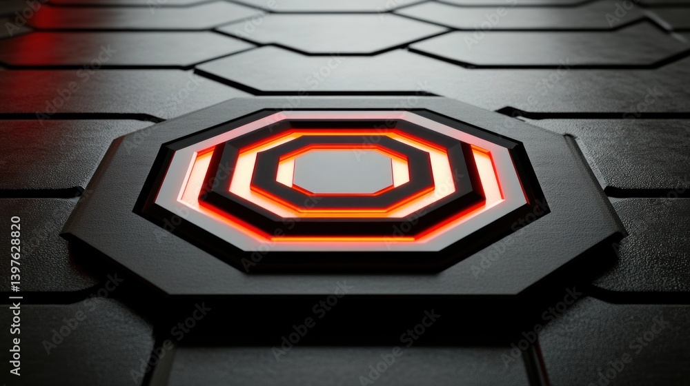 Poster a glowing red octagonal pattern on a black hexagonal surface
