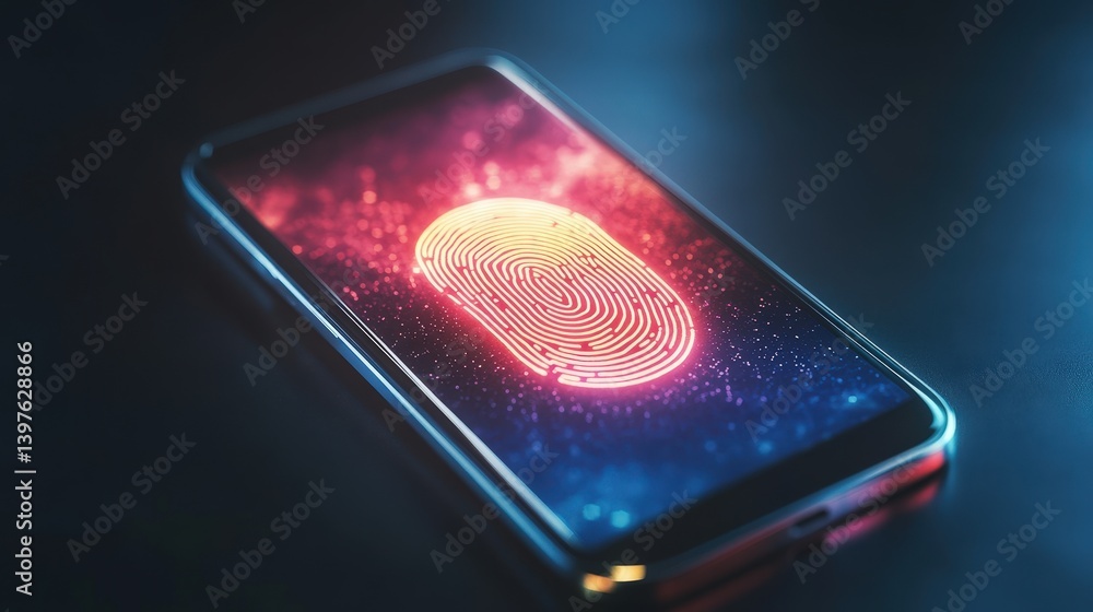 Poster a smartphone screen displaying biometric authentication, with a glowing fingerprint scanner effect.