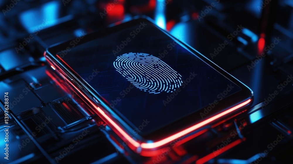 Poster a smartphone screen displaying biometric authentication, with a glowing fingerprint scanner effect.
