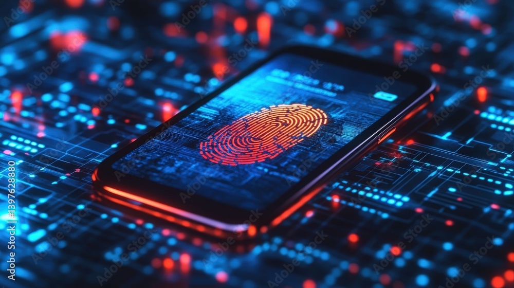 Poster a smartphone screen displaying biometric authentication, with a glowing fingerprint scanner effect.