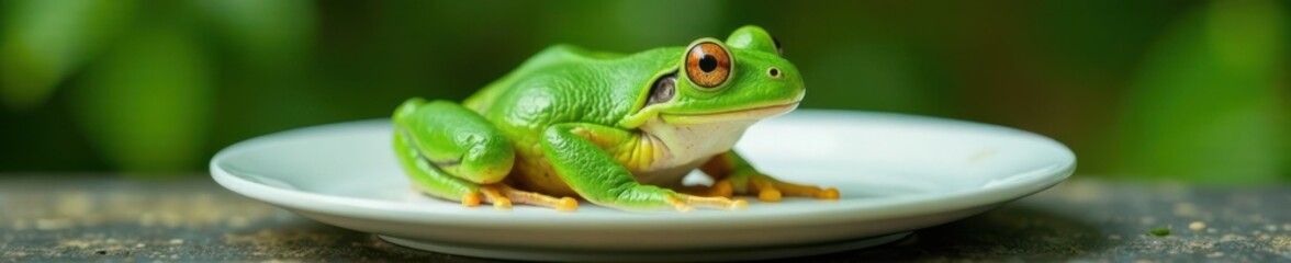 Obraz premium White plate with a large green frog sitting on it, nature, seafood