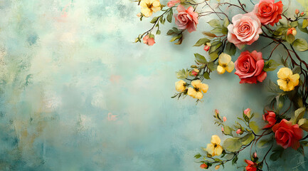 Background with fresh rose flowers and empty place for your text stock photo. Rose flowers on blue background. 