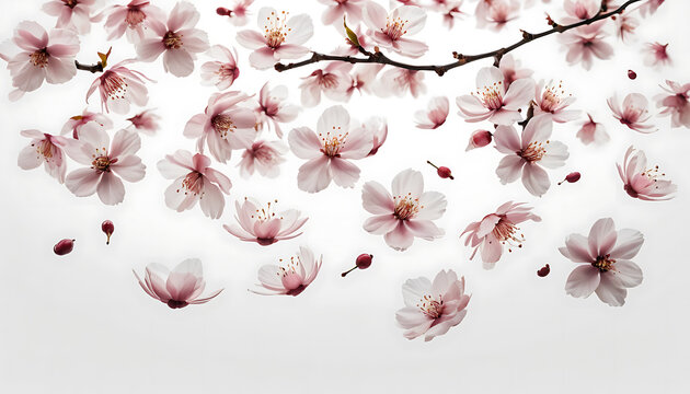 Floating Pink Cherry Blossoms on White Background for Springtime Designs