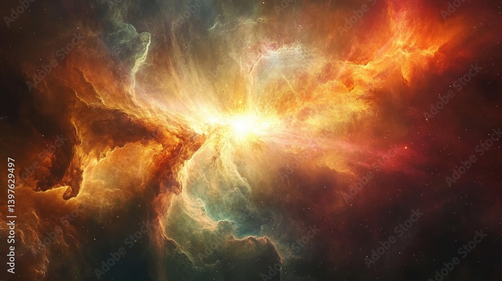 Poster a powerful gamma-ray burst exploding in a distant galaxy, sending a brilliant flash across the cosmo