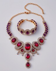 A gemstone encrusted necklace and bracelet jewelry set in plain white background