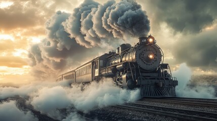 powerful locomotive train chugging forward, leaving behind thick clouds of white steam