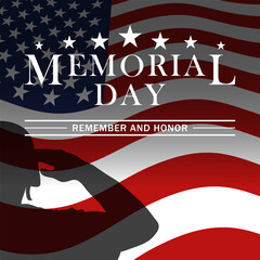 Memorial Day design with saluting soldiers and US national flag. Memorial Day background. Remember and honor. Vector illustration.