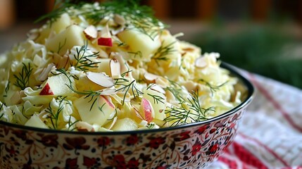 Diabetes friendly shredded cabbage apple salad with toasted almonds fresh dill and a light mustard dressing