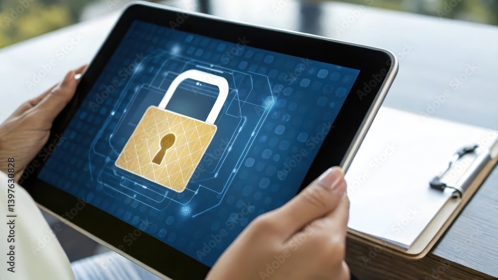 Aufkleber digital security concept displayed on a tablet with a padlock symbol.