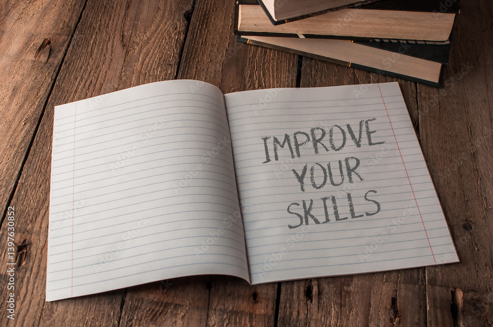 Poster notebook is open to a page with the words improve your skills written on it