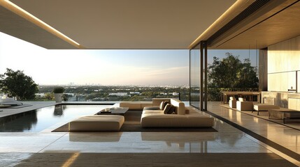 Fototapeta premium Modern open-plan living space with panoramic city views