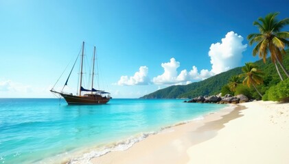 Obraz premium Wooden sailing yacht anchored in the bay with blue and white striped beach , beach, marina