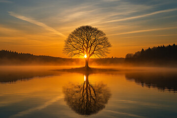 Solitary Tree at Sunset Reflecting on Calm Water