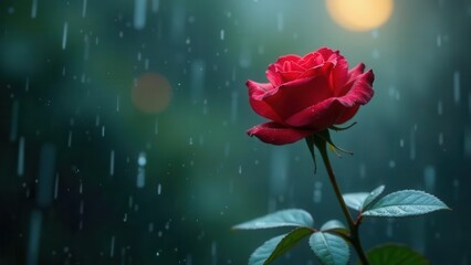Obraz premium A single red rose blooms serenely amidst a gentle rainfall, its petals glistening with the droplets, a captivating image of nature's beauty in the rain.