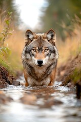 Obraz premium Wolf in Stream, Autumn Woods