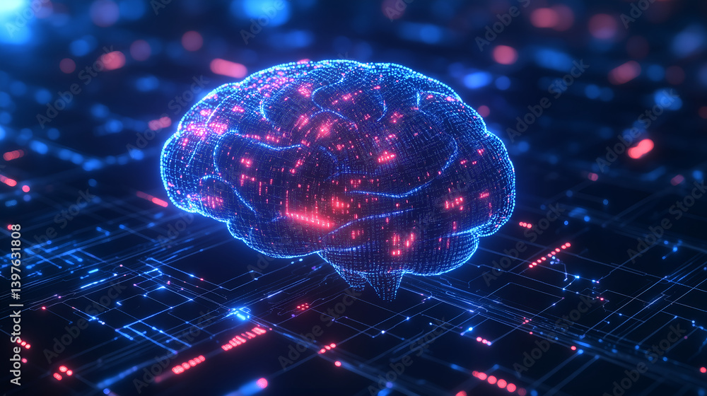 Poster digital brain: a luminous digital representation of the human brain pulses with vibrant energy, surr