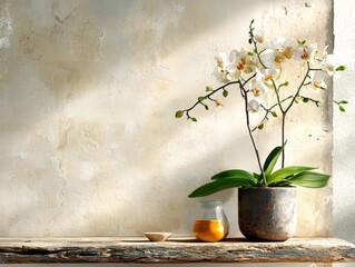 Indoor orchid arrangement with tea on rustic table minimalist setting calm atmosphere still life natural light