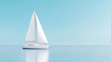 Obraz premium Sailboat on Calm Sea Minimalist Style High-Definition Rendering Wide Shot, Smooth Surface, Peaceful Sailing, Ocean Horizon, Light Blue Serenity, Perfect for Travel Ads