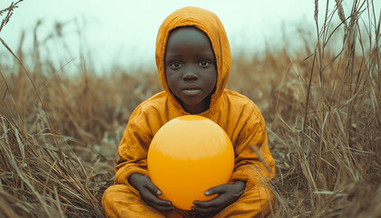 Pensive young african child in yellow raincoat holding a yellow balloon, sitting in dry grass