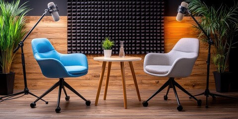 A podcast or interview room with two chairs and microphones set against a dark background. Ideal for media conversations, podcasts, or interviews, with space for text.